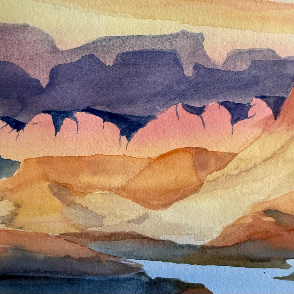 Sunset Mountain Watercolor Art Painting Desert - Picture 3 of 10